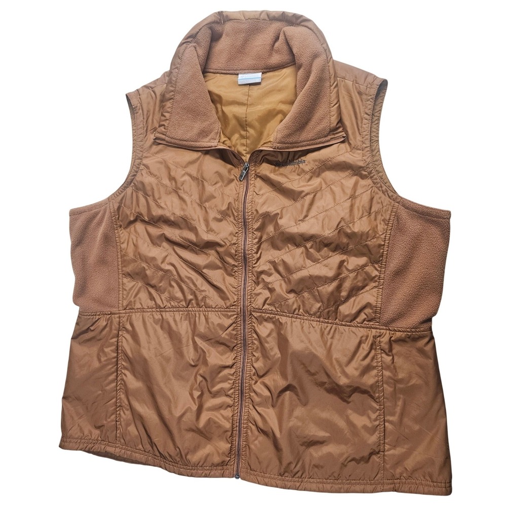 Columbia Womens 2X Brown Quilted Puffer Vest Fleece Side Panels Mock Neck Zip